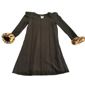 Bonnie Jean Dress Black Cable Knit Leopard Faux Fur Accents Long Sleeve Size 16